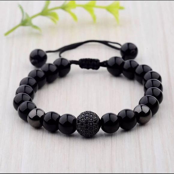 Men’s Black Beaded Bracelet With Black CZ - Picture 6 of 6